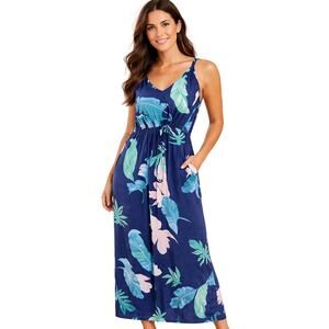 HUSKARYL Tropical Print Maxi Dress Sleeveless Pockets Size L
